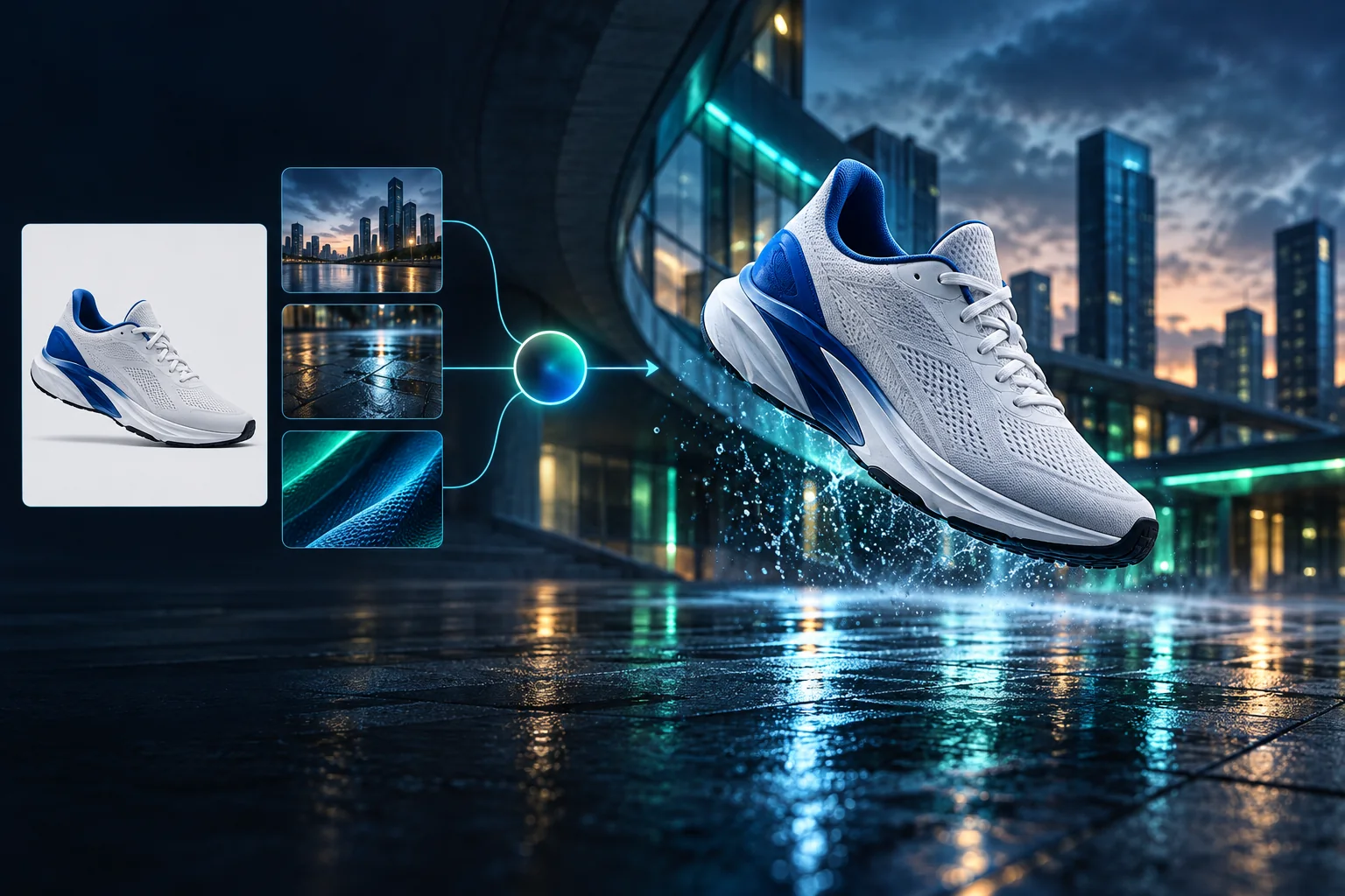 AI workflow transforming a white and cobalt sneaker into an urban advertising campaign